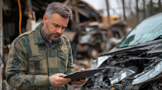 An insurance agent is shown in the tense moments after a car accident examining the damaged vehicle and diligently assessing damages and processing claims.