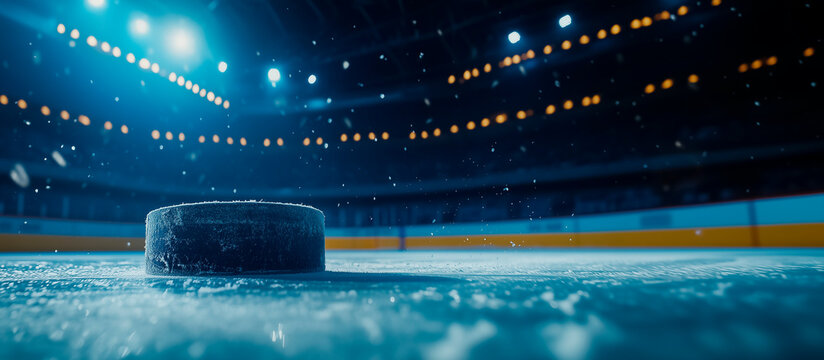 Hockey puck on ice in illuminated stadium_2