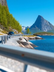 Stunning Wide Shot Photo: Car Journeys Through Majestic Fjord Mountainscape. AI Generated