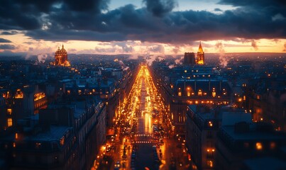 Obraz premium City sunset, avenue lights, twilight, cityscape, aerial view, travel