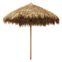 A thatched umbrella with a wooden pole and a white background.