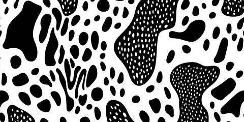 Abstract Black and White Pattern with Irregular Shapes and Dots.