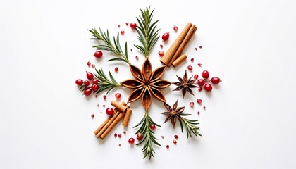 Festive arrangement of cinnamon sticks, star anise, rosemary, and cranberries on a white background, symbolizing holiday warmth and natural flavors