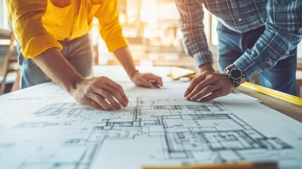 Young foreman debating ideas with a professional architect, both collaborating on a new apartment design, thinking critically, background banner.