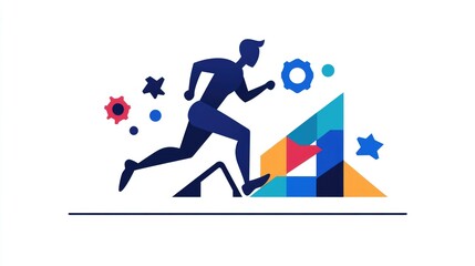 Silhouette of a runner ascending a colorful geometric staircase, symbolizing progress and achievement.