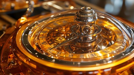 Close-up of a luxury golden clock with visible intricate mechanism and glass dome.