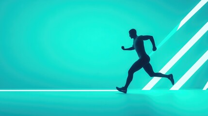 Silhouette of a runner in a vibrant teal room with neon light streaks.