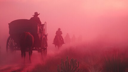 Obraz premium Silhouette of cowboys on horseback and a wagon traveling through a dusty, pink-hued desert landscape at sunset.