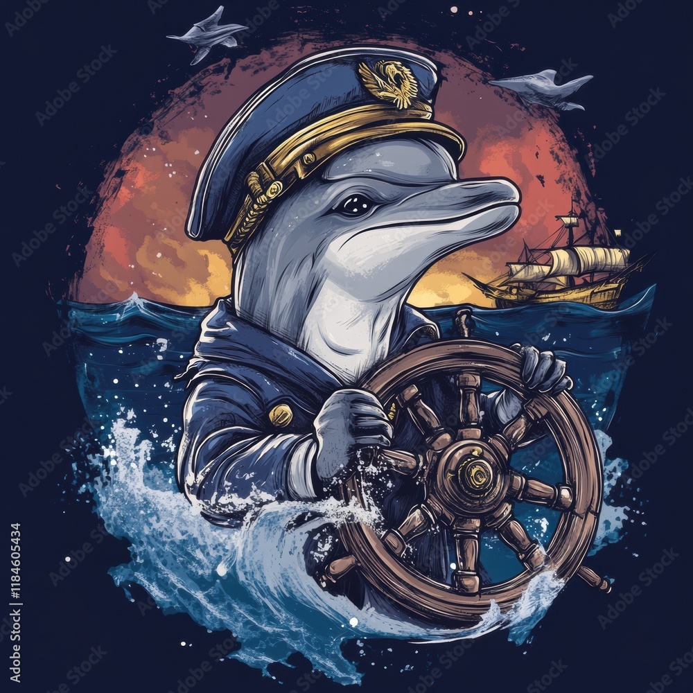 Aufkleber dolphin in captains uniform navigating the ocean with a ships wheel under a vibrant sunset sky. gene