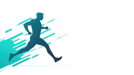 Silhouette of a runner in motion against an abstract teal background, ideal for sports or fitness themes.