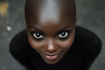 Short haircut - bald head - no hair. Commercial marketing creative. Pretty smiling black girl - for ads, advertisement and social web marketing ad use. Elegant african american model.