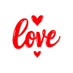 Red Love text in cursive with hearts above and below, hand-drawn style, on white background, concept of romance and affection. Valentine's day, wedding illustration.