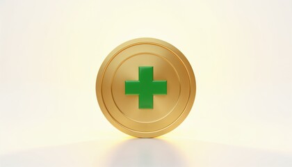 Obraz premium Golden circular badge with green cross on light background, symbolizing healthcare, pharmacy, and sustainability