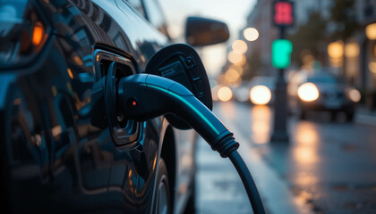 Close-up of electric car charging on a street with light background. Generative Ai