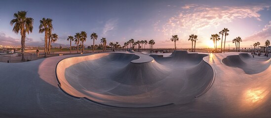 Sunset panoramic view of a concrete skatepark with palm trees.