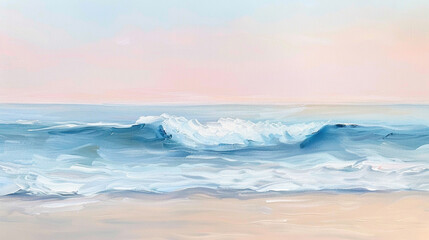 A tranquil beach scene with soft waves rolling onto the shore, blending seamlessly into a pale pink and blue sky at sunrise