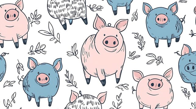 Fototapeta Seamless pattern with cute cartoon pigs and leaves.