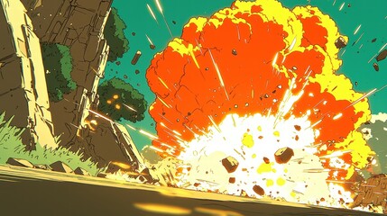 Dramatic Cartoon Explosion Animation Fiery Blast Destruction Scene Debris Flying