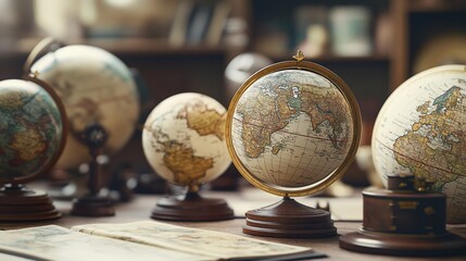 Fototapeta premium Vintage globes on wooden table with antique maps.