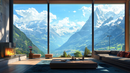 Scenic city view from a building with mountains, river, and forest in the distance under a cloudy sky