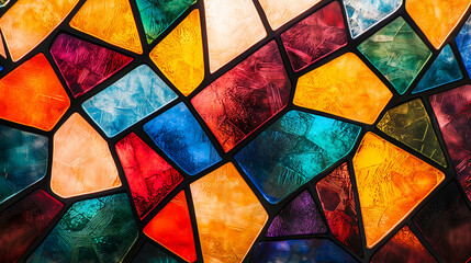 Fototapeta premium A colorful geometric stained glass window with a seamless mosaic pattern