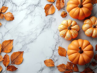 A seasonal arrangement of pumpkins and autumn leaves on a marble surface.