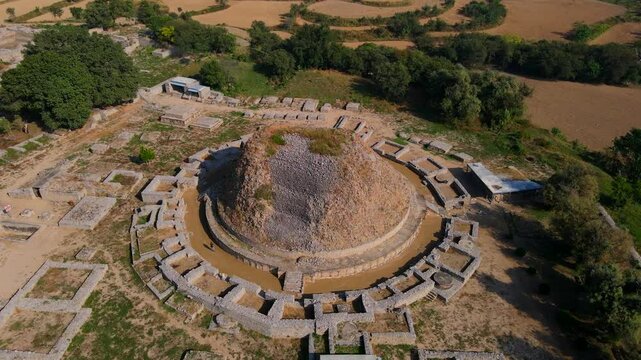 Aerial view of dharmarajika stupa ruins at the archeological site, Taxila, Punjab, Pakistan.
