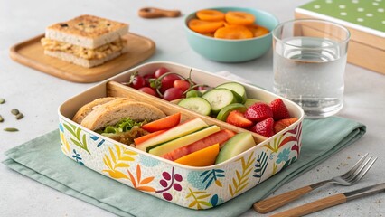 A neatly packed lunch box containing a healthy and nutritious snack with fresh fruits.