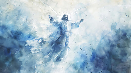 A majestic watercolor painting of Jesus Christ ascending to heaven, ethereal blues and whites blending into the sky