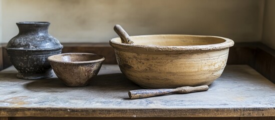 Rustic kitchen still life with antique pottery bowl, small bowl, and vase on wooden table.
