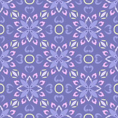 Floral pattern, continuous intricate pattern, continuous decorative pattern, purple and pink tone vector background, seamless illustration, Thai style mix.