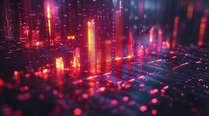 Fototapeta premium A vibrant digital landscape with glowing data structures and abstract elements.