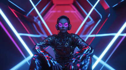 High-fashion portrait featuring a model with radiant bio-luminescent makeup in a futuristic setting.