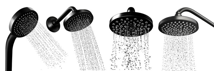 A set of realistic illustration of a black shower head with water droplets, modern bathroom fixture for hygiene and daily use, sleek and minimalistic design. - obrazy, fototapety, plakaty