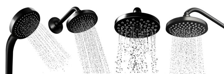 A set of realistic illustration of a black shower head with water droplets, modern bathroom fixture for hygiene and daily use, sleek and minimalistic design.