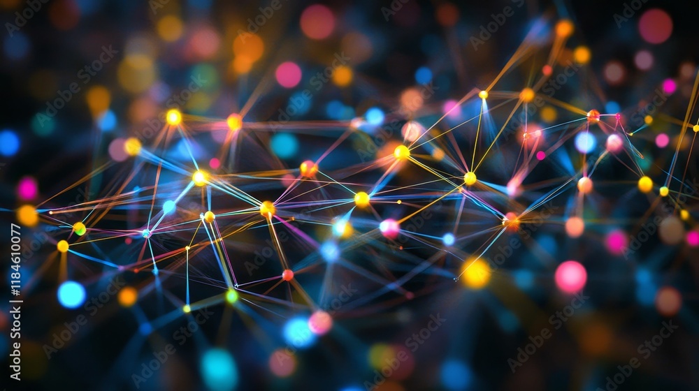 Poster luminous nodes connect, forming colorful network.