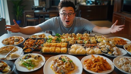 Happy excited Asian guy records mukbang. Vlogger shooting video of eating, trying different dishes. Lots of plates of tasty delicious food. Asia vlog. Joyful man blogger mukbanger.