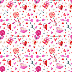 Watercolor valentine's day seamless pattern. Bright red and pink love background. Texture for fabric, textile, wrapping paper, digital paper. Lollipop, candy, gift box, garlands, hearts, key, cup.