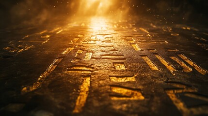 Golden ancient inscriptions on a dark stone surface illuminated by a warm light.
