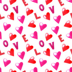 Watercolor red and pink hearts seamless pattern. Love background. Bright valentine's day texture for wrapping paper, scrapbooking paper.
