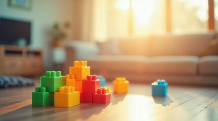 Multi-coloured plastic toy blocks in living room with sunlight - stock photo