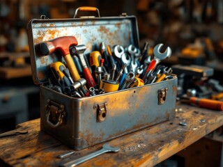 Rusty toolbox filled with assorted tools on a wooden workbench in a workshop
