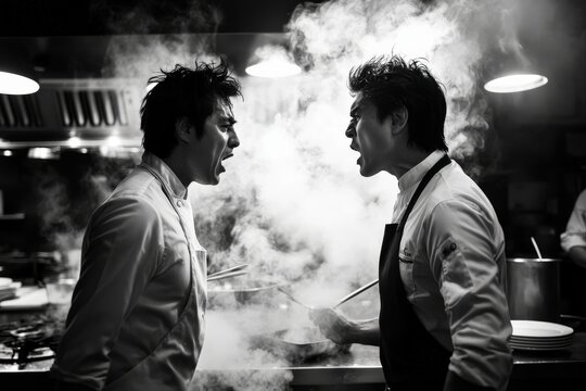 Heated argument between two chefs in a busy kitchen, with steam rising and utensils clattering