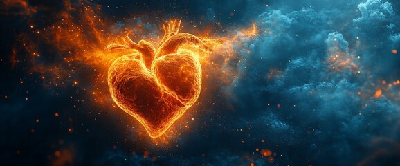 Fiery heart engulfed in cosmic nebula.