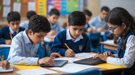 Students engaged in learning with tablets and notebooks in a classroom setting.