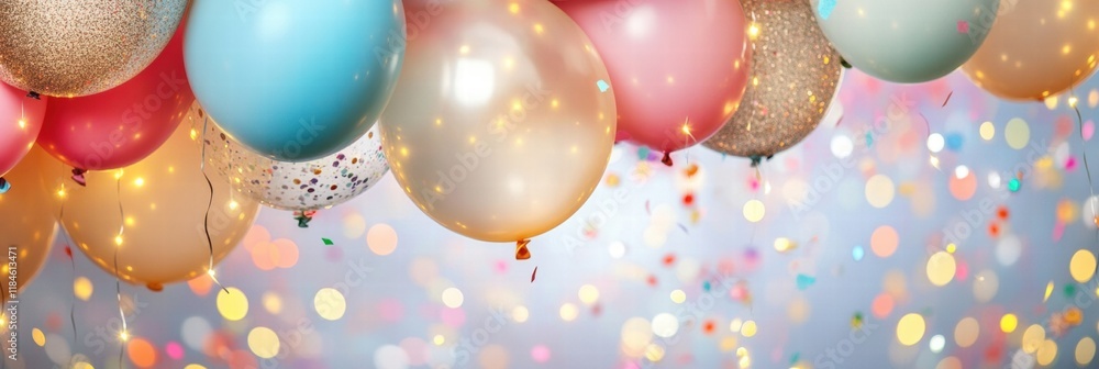 Poster colorful festive balloons and sparkling confetti create a joyful atmosphere for celebrations. genera