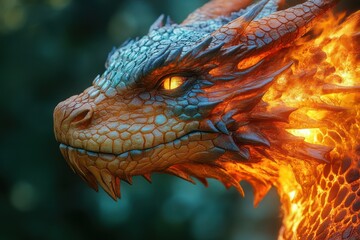 Fiery orange dragon head profile, scales, fire, fantasy creature.