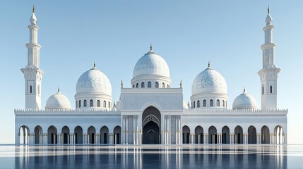 Obraz premium Majestic white mosque reflecting in calm water under a clear sky.