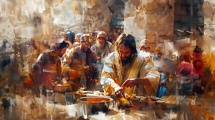 Jesus Christ feeding the hungry, a dynamic scene filled with vivid yet soft brushstrokes blending warm and cool tones 