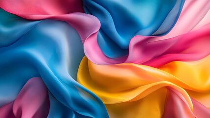 A mesmerizing swirl of vibrant colors blending together in an abstract wave pattern, with hues of blue, pink, and yellow creating a sense of motion and fluidity 
